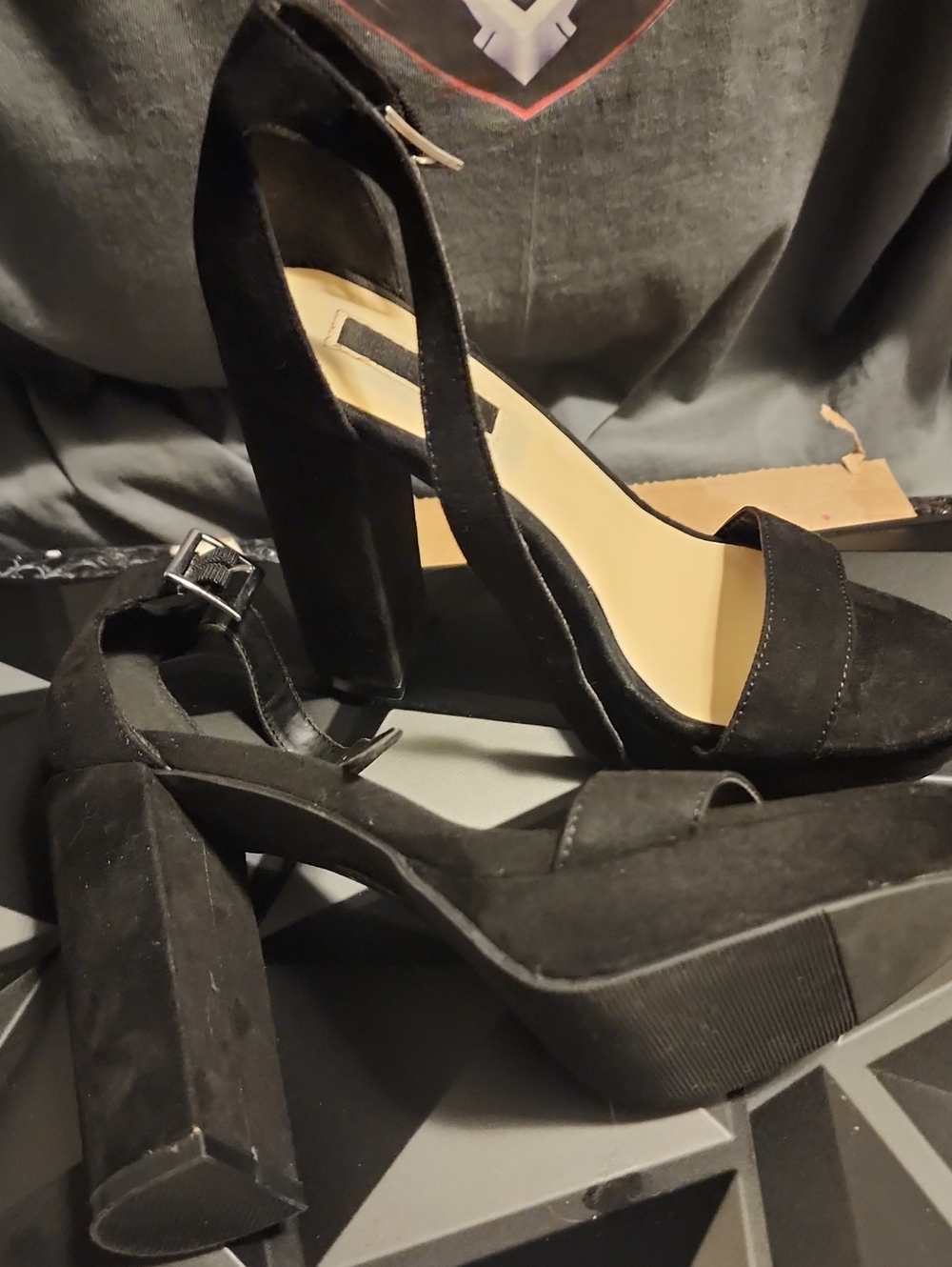 Forever 21 Black Suede Block Heel Ankle Strap Sandals